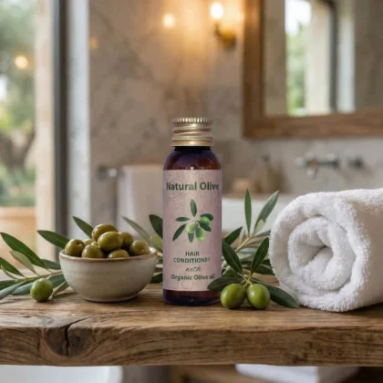 Balsamo capelli hotel linea Natural Olive in flacone ambrato da 30ml con olio di oliva biologico su legno rustico e asciugamano bianco.