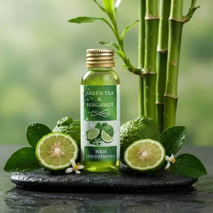 Balsamo capelli hotel linea Green Tea & Bergamot in flacone da 30ml con lozione bianca cremosa, bamboo e bergamotto fresco su pietra zen.