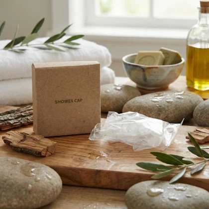 Cuffia doccia hotel in astuccio di cartoncino Kraft ecologico su tavola di legno con pietre bagnate e rami di ulivo.