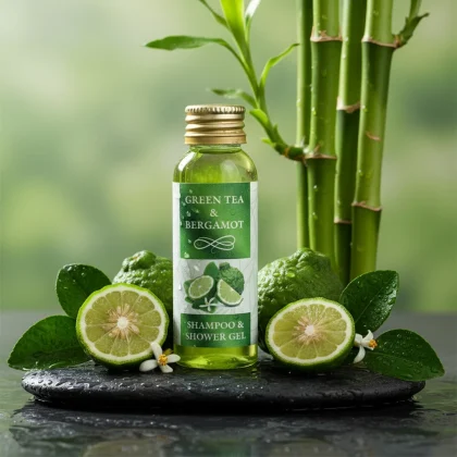 Flacone di doccia schiuma al tè verde e bergamotto per set cortesia hotel, poggiato su una pietra zen bagnata con fette di bergamotto fresco e canne di bambù sullo sfondo.