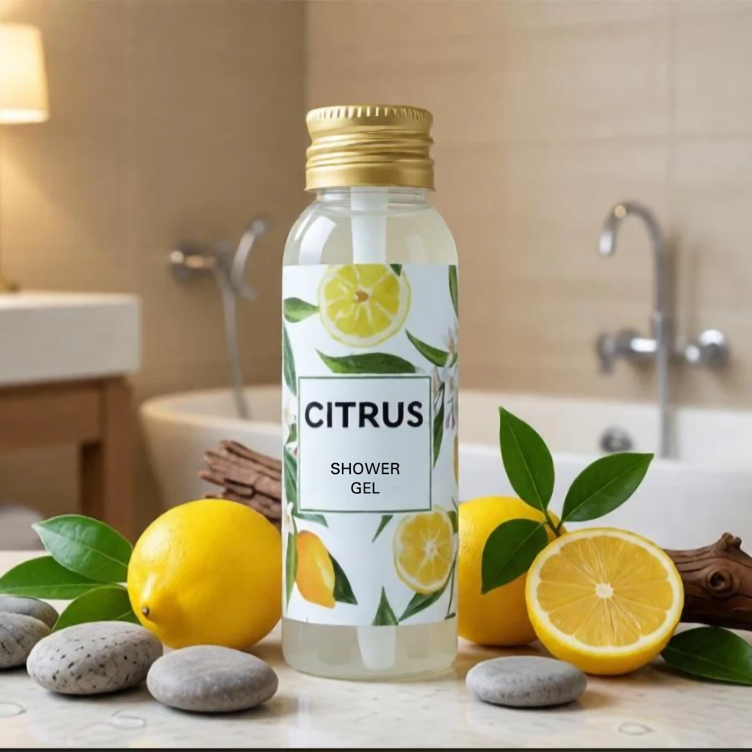 Flacone di gel doccia Citrus agli agrumi da 30ml per kit di benvenuto hotel, ambientato in un bagno moderno con limoni freschi e pietre zen su piano in marmo.
