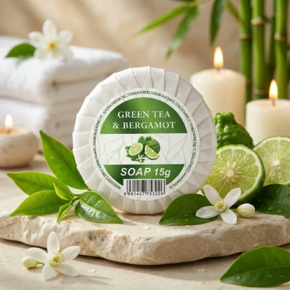 Saponetta da 15g al tè verde e bergamotto per set cortesia hotel, confezione plissettata bianca su pietra naturale con candele accese, fiori di zagara e bambù.