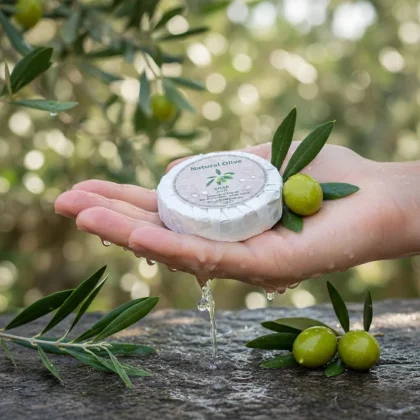 Saponetta hotel Natural Olive plissettata tenuta in mano sotto l'acqua corrente con foglie di ulivo e olive fresche su pietra.