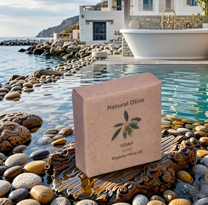 Saponetta hotel linea Natural Olive in astuccio di cartoncino ecosostenibile a bordo piscina con ciottoli e vista mare.