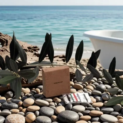 Set cucito hotel in astuccio di cartoncino Kraft con fili colorati e aghi su ciottoli di mare con rami di ulivo e vista spiaggia.