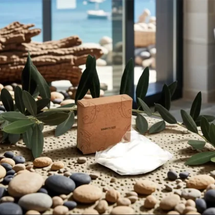 Vanity kit hotel in astuccio di cartoncino Kraft con dischetti struccanti su pietre naturali e rami di ulivo con vista mare.