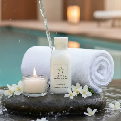 Shampoo per capelli Hotel Line in flacone bianco da 30ml con candela accesa, fiori di gelsomino e acqua su pietra a bordo piscina.