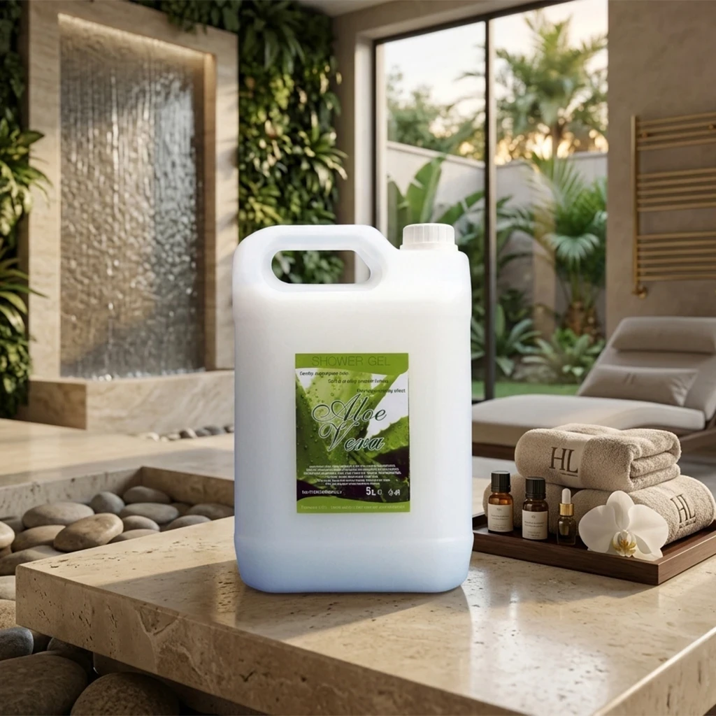 Tanica da 5 litri di gel doccia professionale per hotel all'Aloe Vera in un'ambientazione spa di lusso con doccia a cascata e oli essenziali.