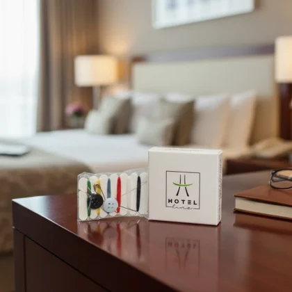 Mini set da cucito linea cortesia per hotel con fili colorati e bottoni in astuccio bianco Hotel Line