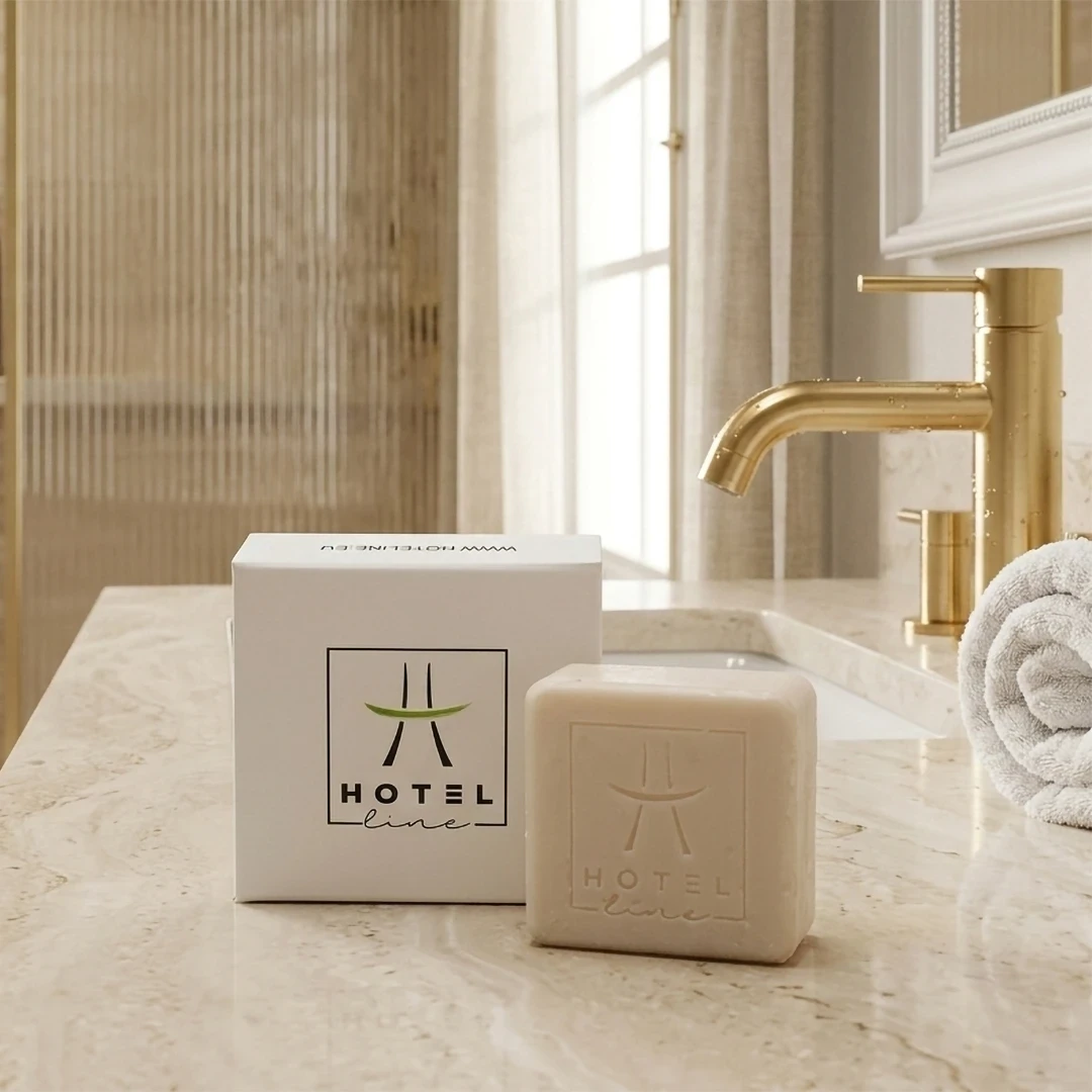 Linea cortesia per hotel sapone in scatola da 25g esposto su un piano in marmo in un bagno di lusso con dettagli oro.