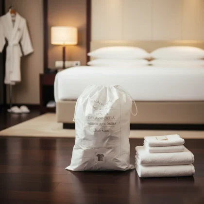 Sacchetto lavanderia per hotel economico in plastica bianca con scritte multilingue e tabella per il controllo dei capi, in una camera d'albergo.