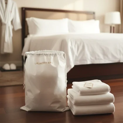Sacchetto lavanderia per hotel in TNT bianco con scritta Laundry Bag, appoggiato sul pavimento di una camera da letto accanto a biancheria pulita.