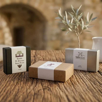 Esempi di sapone per hotel personalizzato in scatoline nera, kraft e argento con fascetta bianca e loghi Castello di Petecciano, VatiHouse e Forte Palace.