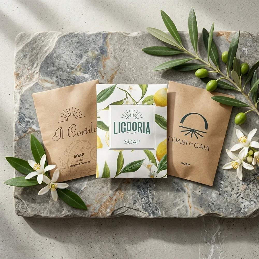 Esempi di saponette hotel eco friendly personalizzate in bustine di carta kraft e illustrazioni botaniche con loghi Il Cortile, Ligooria e L'Oasi di Gaia.