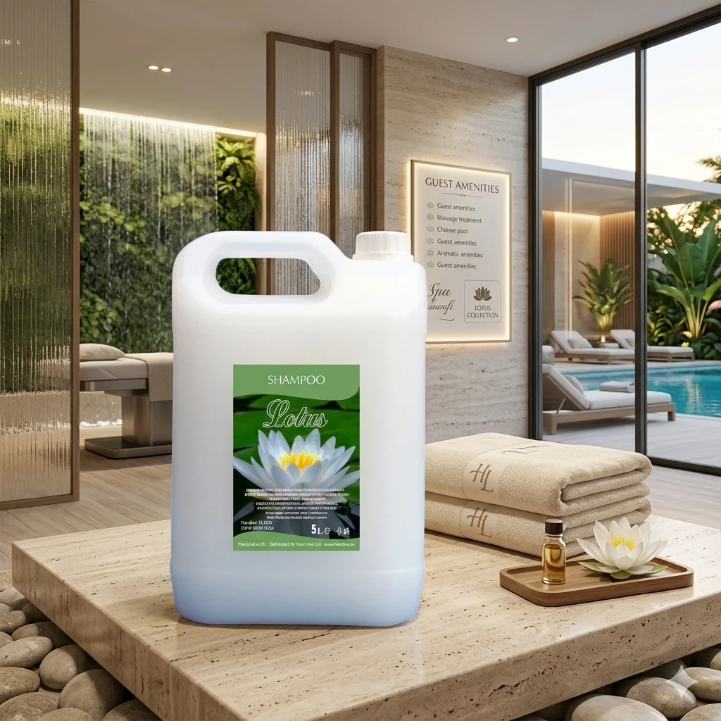 Tanica da 5 litri di shampoo per hotel linea Lotus Collection su un piano in pietra in una SPA di lusso accanto a una piscina.