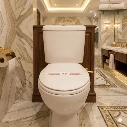 Sanitario WC in un bagno di lusso con la striscia di garanzia igienica in carta con scritta Disinfettato in 6 lingue.
