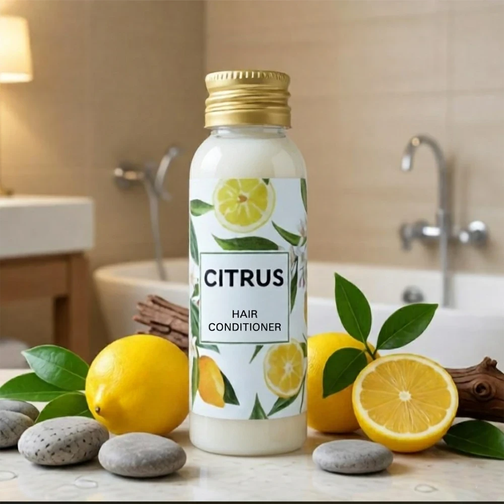 Balsamo capelli hotel Citrus in flacone trasparente con lozione bianca cremosa, ambientazione con limoni freschi e pietre zen.