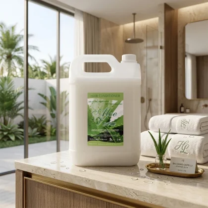 Tanica da 5 litri di balsamo capelli hotel all'Aloe Vera su un piano in pietra con asciugamani ricamati, fiori bianchi e foglie di aloe fresca in un bagno moderno.