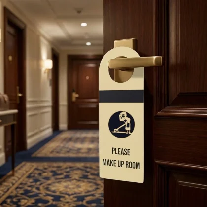 Cartellino porta hotel in plastica appeso a una maniglia in ottone, lato oro con scritta Please Make Up Room e icona pulizie su porta in legno scuro.