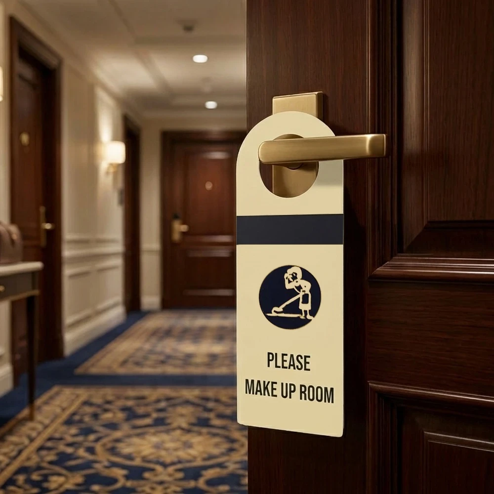 Cartellino porta hotel in plastica appeso a una maniglia in ottone, lato oro con scritta Please Make Up Room e icona pulizie su porta in legno scuro.