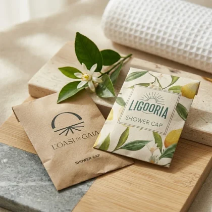 Due varianti di cuffia doccia ecosostenibile per hotel: sacchetto in carta kraft e sacchetto in carta bianca con grafica botanica su vassoio in legno.