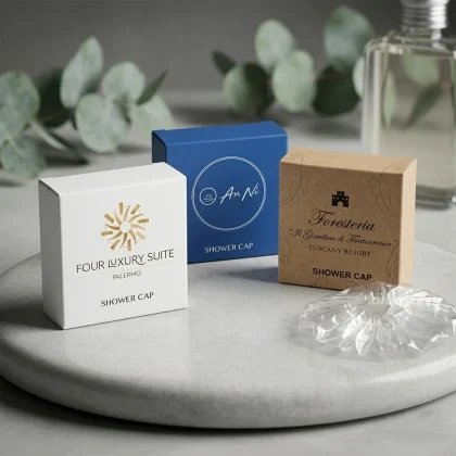 Tre modelli di scatoline per cuffia doccia hotel personalizzate: versione bianca luxury, blu moderna e avana ecosostenibile con loghi stampati.
