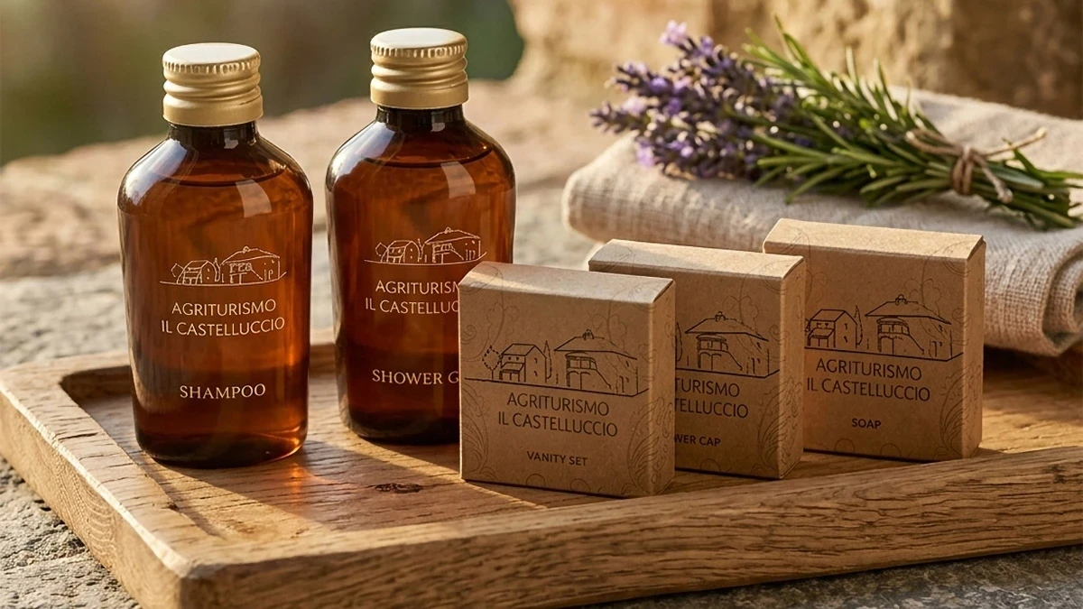 Particolare di set cortesia per hotel personalizzato con stampa logo su flaconi trasparenti e scatoline avana