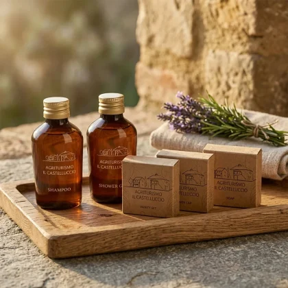 Kit benvenuto per agriturismo con flaconi ambrati da 35ml e scatoline in carta kraft personalizzate, su vassoio in legno con lavanda e sfondo in pietra.