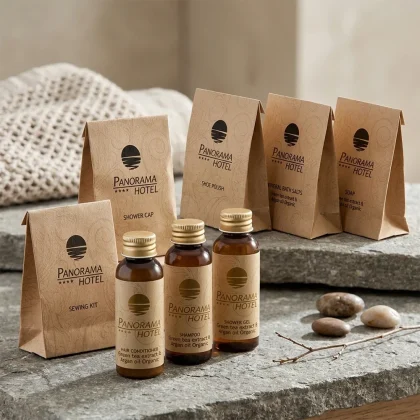 Kit benvenuto ecosostenibile linea Montana con flaconi ambrati da 30ml e sacchetti in carta kraft personalizzati, disposti su piano in pietra con ciottoli.