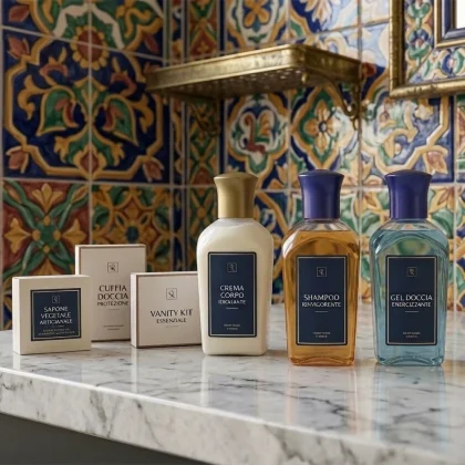 Kit benvenuto hotel linea Mediterranea con flaconi colorati, saponetta e scatoline bianche su piano in marmo e sfondo di piastrelle majolica azzurre e oro.