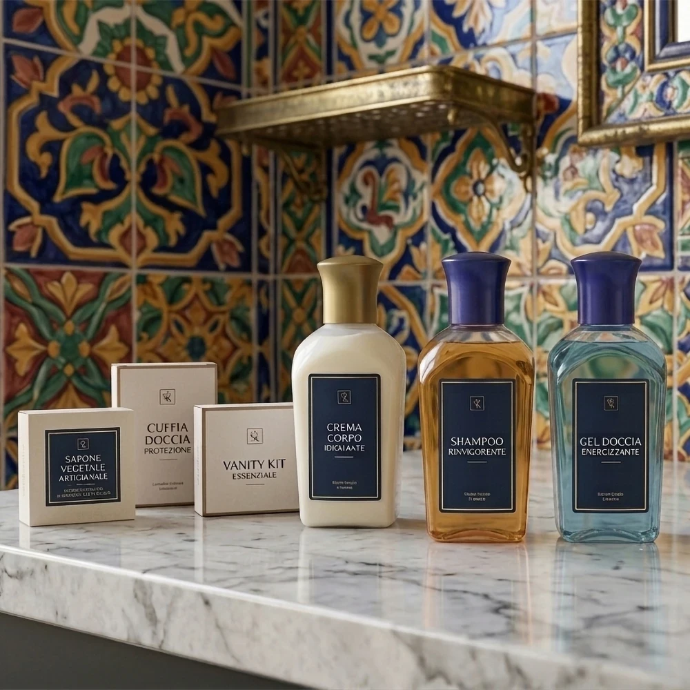 Kit benvenuto hotel linea Mediterranea con flaconi colorati, saponetta e scatoline bianche su piano in marmo e sfondo di piastrelle majolica azzurre e oro.