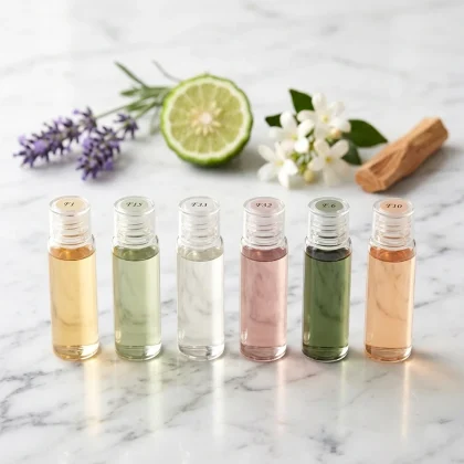 Kit campionatura con 6 fiale di essenze hotel su marmo bianco con lavanda, bergamotto e fiori di gelsomino.