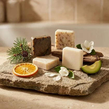 Esempi di kit campionatura saponi hotel con basi vegetali e texture esfolianti su pietra naturale con arancia, pino e avocado.