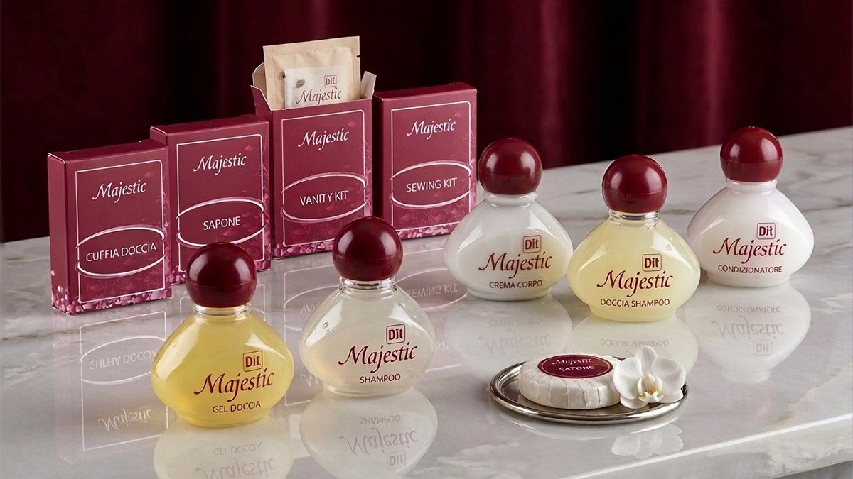 Anteprima social di un kit cortesia hotel economico con design bordeaux e oro, ideale per strutture ricettive classiche.