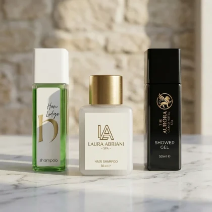 Tre flaconi hotel da 50ml (verde, bianco e nero) della linea cortesia hotel lusso personalizzati con logo su piano di marmo.