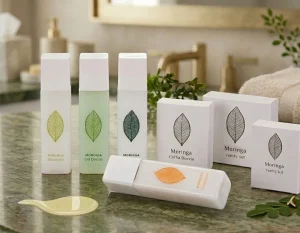 Esempio di linea cortesia hotel a norma con la nuova normativa plastic free: flaconi da 50ml e packaging in carta.