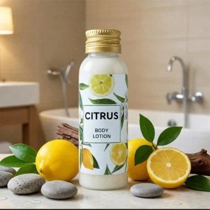 Flacone di lozione corpo Citrus agli agrumi da 30ml per kit di benvenuto hotel, ambientato in un bagno moderno con limoni freschi e pietre zen su piano in marmo.