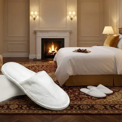 Pantofole hotel di lusso in morbido Coral Fleece bianco, appoggiate su un tappeto persiano in una suite imperiale con camino acceso.