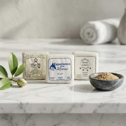 Esempi di saponette hotel personalizzate in cellophane con loghi Natural Olive, Experience Stay Rome e Hotel Vedute su marmo.