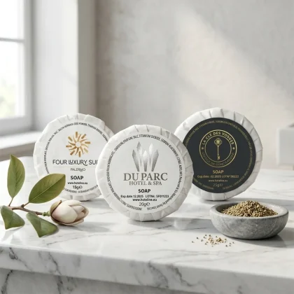 Esempi di saponette hotel personalizzate plissettate con loghi Du Parc, Four Luxury Suite e La Cle Des Vosges su marmo bianco.