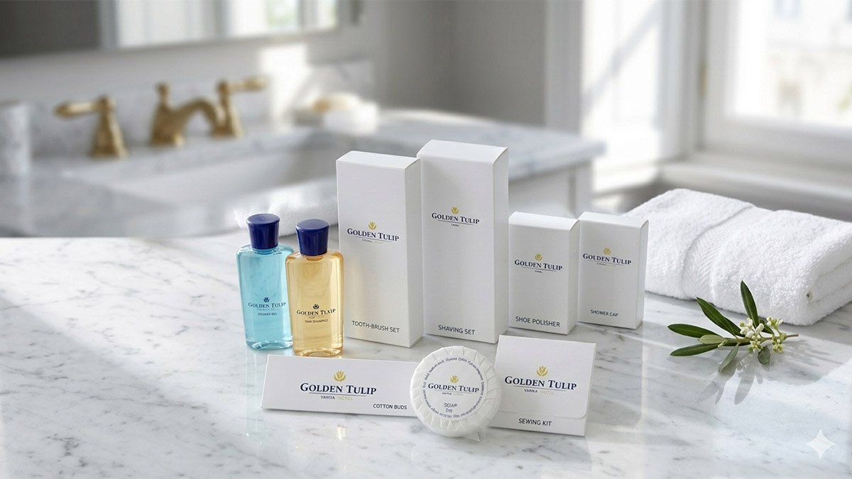 Anteprima social di un set cortesia hotel personalizzato con flaconi trasparenti e scatoline bianche disposti su marmo bianco.