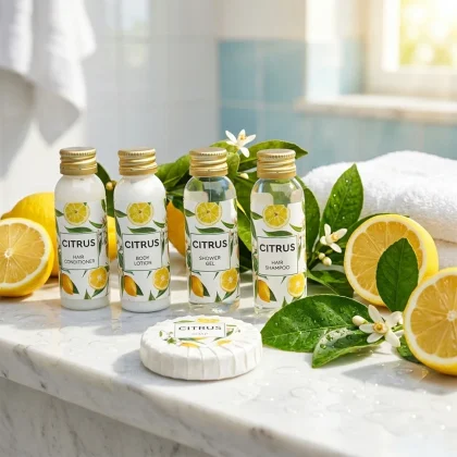Set cortesia hotel pronto all'uso con flaconi da 30ml agli agrumi, saponetta e limoni freschi su ripiano in marmo bianco in un bagno luminoso.