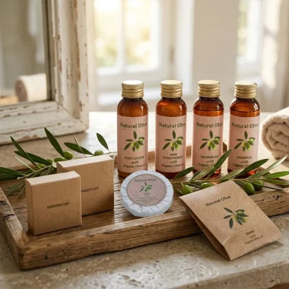 Set cortesia hotel pronto all'uso con flaconi ambrati da 30ml all'olio di oliva, saponette e astucci in carta kraft su vassoio in legno con rametti di ulivo.