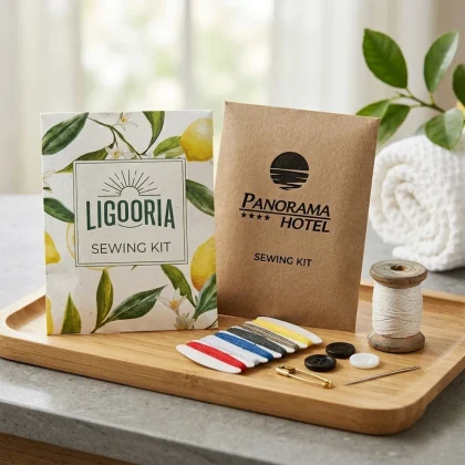 Due modelli di set cucito ecosostenibile per hotel: sacchetto kraft Panorama Hotel e botanico Ligooria con accessori.