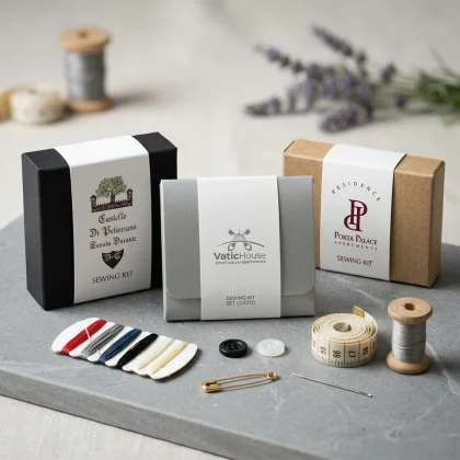 Tre scatoline per set cucito hotel con fascetta bianca personalizzata su basi nero, grigio e kraft con accessori.