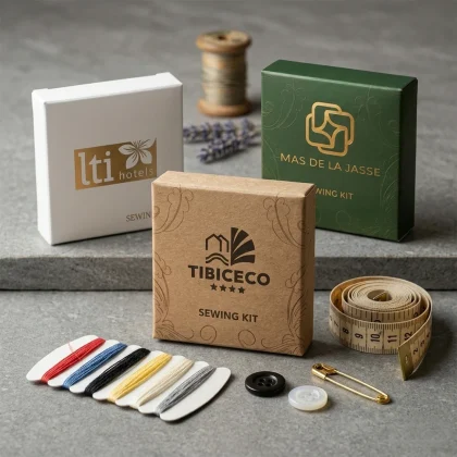Tre modelli di scatoline per set cucito hotel: bianco luxury, verde bosco e oro, e carta kraft con accessori estratti.