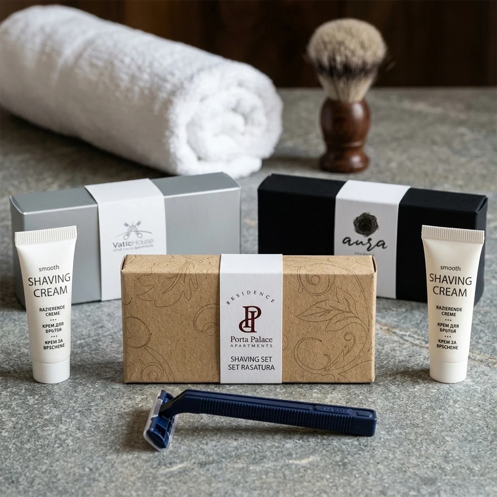 Tre modelli di set rasatura hotel con fascetta bianca personalizzata su basi argento, kraft avana e nero soft-touch con rasoio blu notte e crema Smooth.