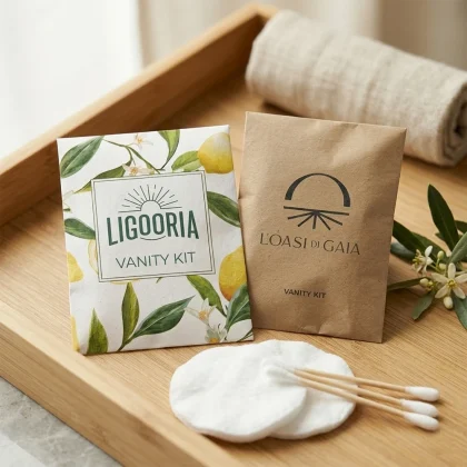 Due modelli di vanity kit per hotel in sacchetto di carta: versione botanica Ligooria e versione kraft L'Oasi di Gaia con accessori in cotone e legno su vassoio.