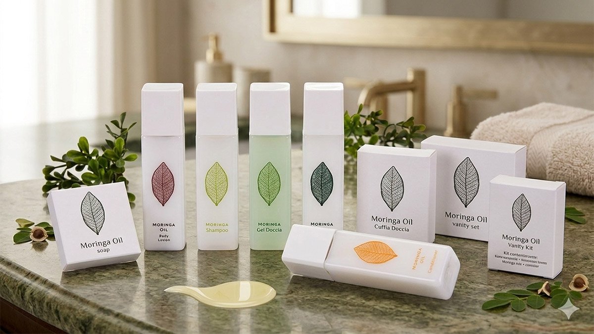 Anteprima social di un welcome kit hotel di design con flaconi quadrati bianchi e scatoline coordinate disposti su un elegante piano in marmo verde.