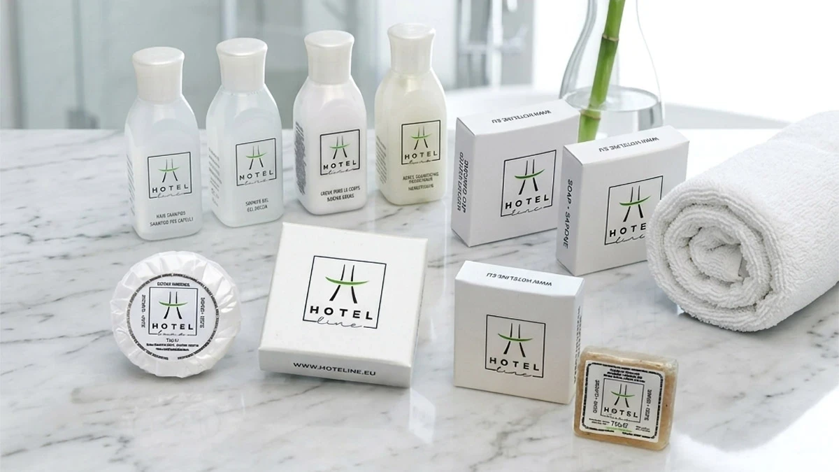 Set cortesia Hotel Line flaconi 30ml e saponi coordinati per forniture alberghiere e hotel.